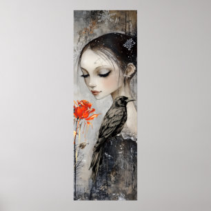 Poster Gothique fille Corbeau Rose rouge