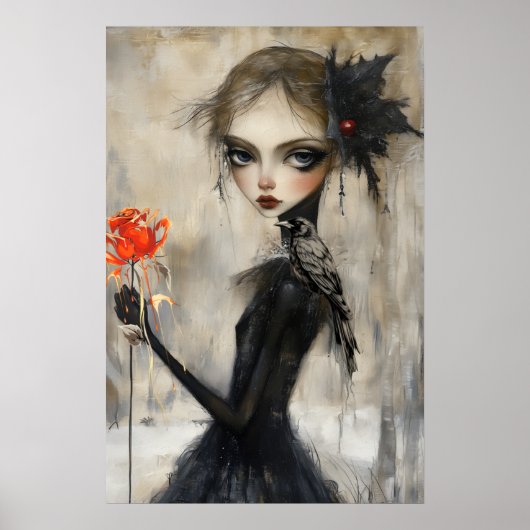 Poster Gothique fille Corbeau Rose rouge (Devant)