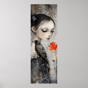 Poster Gothique fille Corbeau Rose rouge