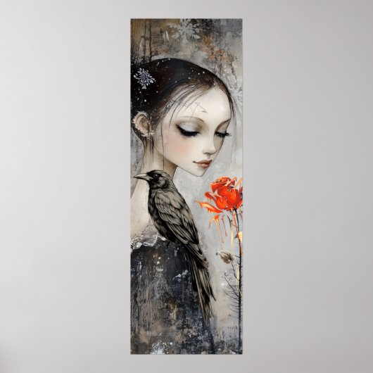 Poster Gothique fille Corbeau Rose rouge (Devant)