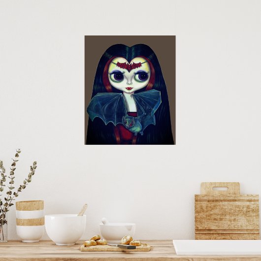 Poster Gothique fille vampire avec chauve-souris gros yeu (Cuisine)
