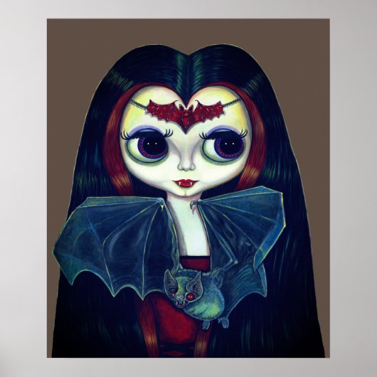 Poster Gothique fille vampire avec chauve-souris gros yeu (Devant)