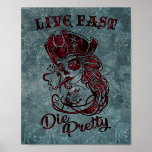 Poster Gothique Pirate Skull Woman Vit Fast Die