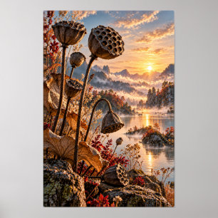 Poster Gousses de graines de lotus au lac de la montagne