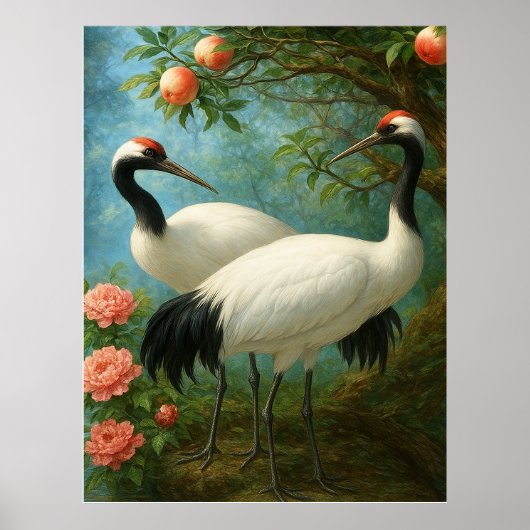 Poster Graceful Cranes in a Peach Blossom Garden (Devant)
