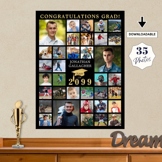 Poster Graduation 35 Photo Collage Black Gold Casquette