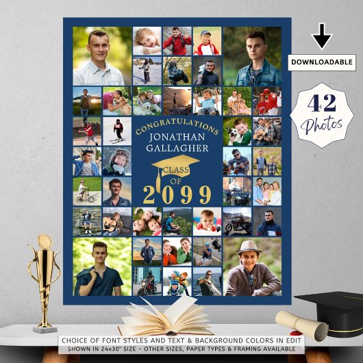 Poster Graduation Congrats 42 Photo Collage Blue Gold