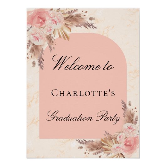 Poster Graduation fête pampas herbe rose or blush arch (Devant)