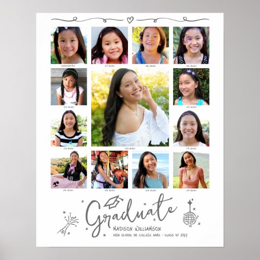 Poster Graduation K–12 Photo Collage Gray Doodles White (Devant)