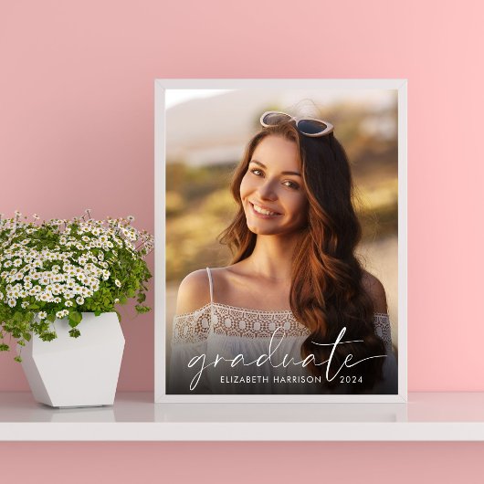 Poster Graduation Party Élégant blanc Script photo