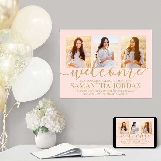 Poster Graduation Party Welcome 3 Photo Blush Pink & Gold