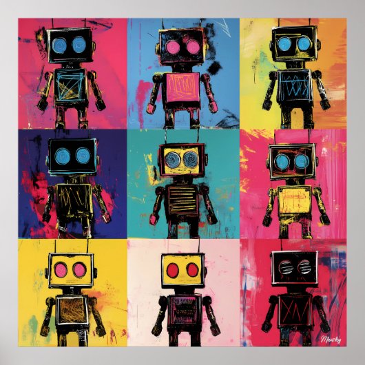 Poster Graffiti Abstrait Robot Grille d'art Couleurs en g (Devant)