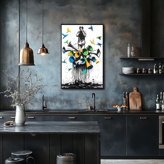 Poster Graffiti Man with Megaphones and Birds - Manifesta