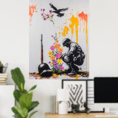 Poster Graffiti Soldat & Fleurs – Art de protestation pac (Bureau à domicile)