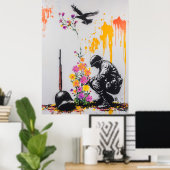 Poster Graffiti Soldier & Fleurs - Manifestation pacifiqu (Bureau à domicile)