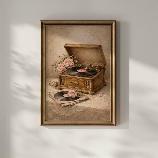 Poster Gramophone Vintage avec Roses