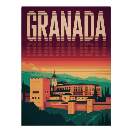Poster Granada, Alhambra, Spain, Vintage Poster, Sunset (Devant)
