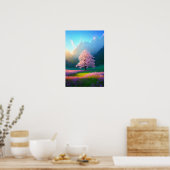 Poster Grand arbre en fleurs dans la vallée verte (Cuisine)