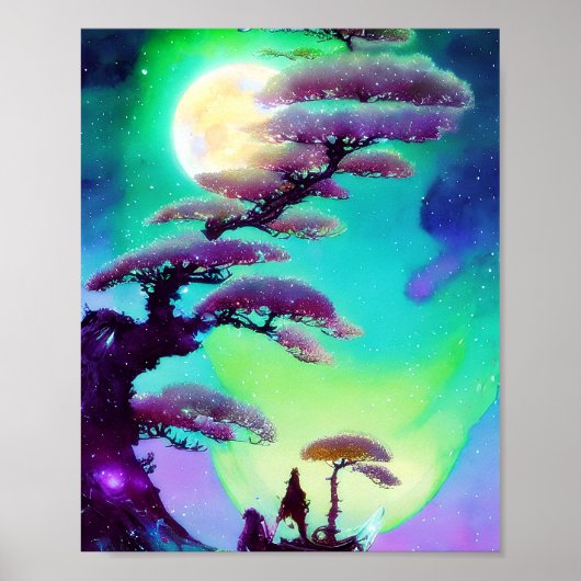 Poster Grand bonsaï violet et lune (Devant)