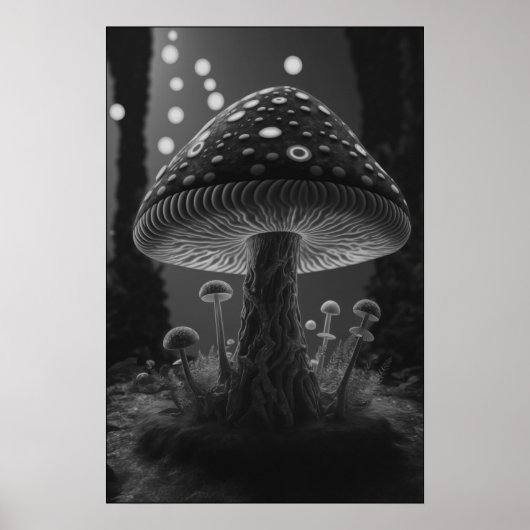 Poster Grand Champignons Lumineux - Noir & Blanc (Devant)