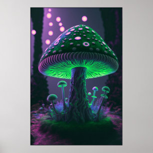 Poster Grand Champignons Lumineux - Vert & Rose
