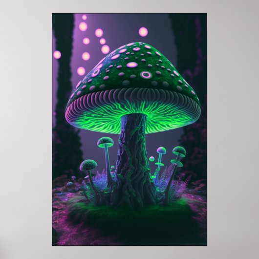 Poster Grand Champignons Lumineux - Vert & Rose (Devant)