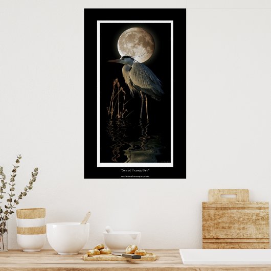 Poster GRAND HERON BLEU, REEDS & MOON Art Imprimer (Cuisine)