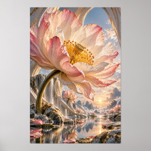 Poster Grand Lotus Rose Géant au-dessus de la Vallée de l