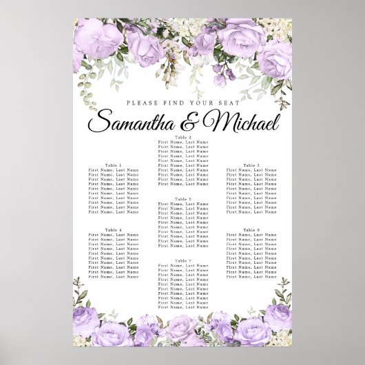 Poster Grand Mariage Floral violet à 7 tables (Devant)