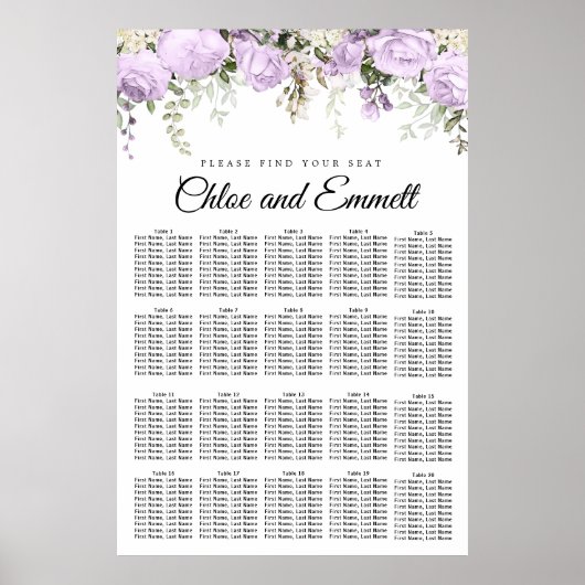 Poster Grand Mariage Floral violet de 20 tables (Devant)