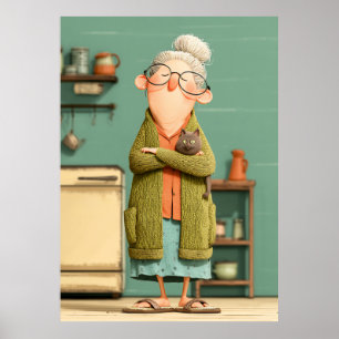 Poster Grand-mère charmante et son chat