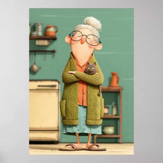 Poster Grand-mère charmante et son chat (Devant)