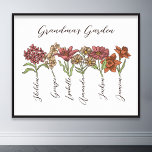 Poster Grand-mère's Flower Garden 6 petits Nom Floral<br><div class="desc">Cette Fleur de Jardin de Grand-mère et Nom de Grand-Enfants est un mélange délicieux de charme vintage et de chaleur personnalisée. C'est l'addition parfaite au paradis de n'importe quelle grand-mère, apportant la beauté d'un jardin botanique directement dans sa maison. Doté d'une magnifique illustration de fleurs vintages qui saisit l'essence du...</div>