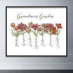 Poster Grand-mère's Flower Garden 7 petits Nom Floral<br><div class="desc">Cette Fleur de Jardin de Grand-mère et Nom de Grand-Enfants est un mélange délicieux de charme vintage et de chaleur personnalisée. C'est l'addition parfaite au paradis de n'importe quelle grand-mère, apportant la beauté d'un jardin botanique directement dans sa maison. Doté d'une magnifique illustration de fleurs vintages qui saisit l'essence du...</div>