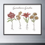 Poster Grand-mère's Garden Flower 4 Grandkids Nom Floral<br><div class="desc">Cette Fleur de Jardin de Grand-mère et Nom de Grand-Enfants est un mélange délicieux de charme vintage et de chaleur personnalisée. C'est l'addition parfaite au paradis de n'importe quelle grand-mère, apportant la beauté d'un jardin botanique directement dans sa maison. Doté d'une magnifique illustration de fleurs vintages qui saisit l'essence du...</div>