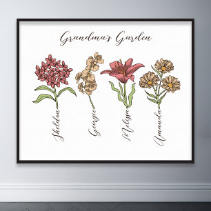 Poster Grand-mère's Garden Flower 4 Grandkids Nom Floral