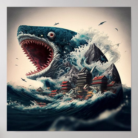 Poster Grand monstre de requin sushi (Devant)