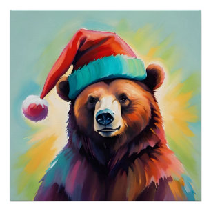 Poster Grand ours brun avec chapeau de Noël