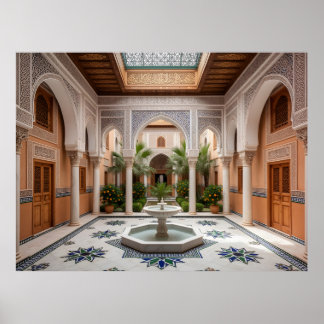 Poster Grand Riad Marocain Cour avec Fontaine en Marbre