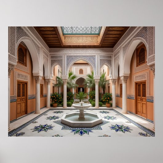 Poster Grand Riad Marocain Cour avec Fontaine en Marbre (Devant)