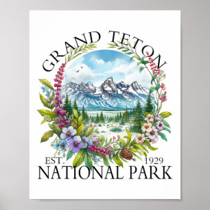 Poster Grand Teton National Park Floral Randonnée Camping