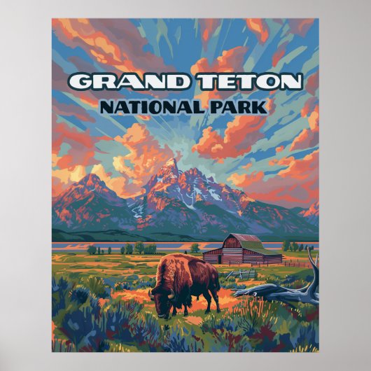 Poster Grand Teton National Park Mountains Bison Wyoming (Devant)
