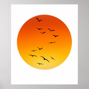 Poster Grand troupeau d'oiseaux volant vers un soleil écl