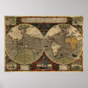 Poster Grande carte historique "1595 carte mondiale d'Hon