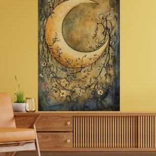 Poster grande lune croissante entourée de délicates fleur
