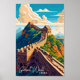 Poster Grande Muraille Chine Art illustration de voyage v