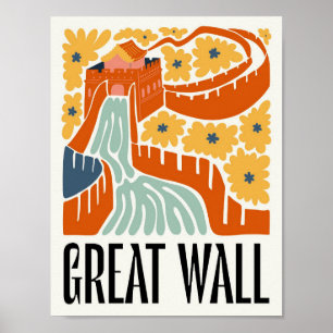 Poster Grande Muraille Chine Voyage abstrait art floral