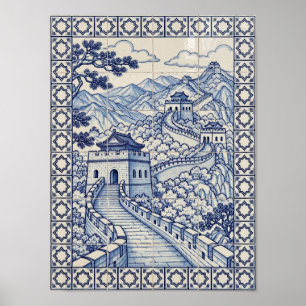 Poster Grande Muraille de Chine Bleu Art Azulejo Portugai
