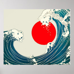 Poster GRANDE VAGUE ET ROUGE SOLEIL Bleu Blanc Nautique