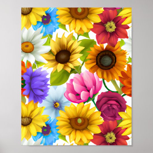 Poster Grandes fleurs colorées botaniques (Devant)